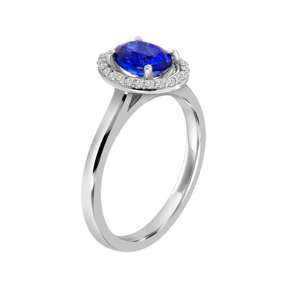 14K WhiteGold Oval Blue Sapphire Diamond Halo Ring - Picture 2 of 4